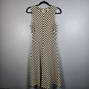 J McLaughlin Womens Small Sleeveless Fit Flare Dress Chevron Stripe Black Beige